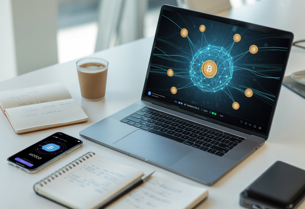 A modern workspace with a laptop showing a blockchain network, a smartphone with a digital wallet app, a notepad, and a cup of coffee on a desk in a bright office.