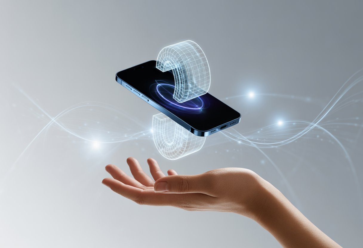 A hand holding a smartphone with glowing digital shapes and mesh patterns floating above it, symbolizing data transfer and blockchain technology.