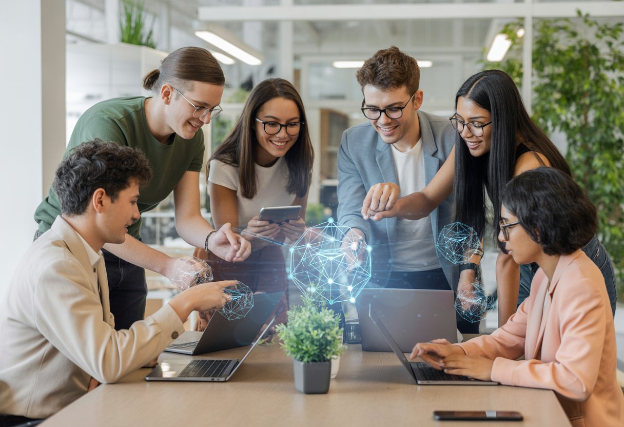 A group of young adults working together around digital devices in an office, looking at a screen showing blockchain network graphics.