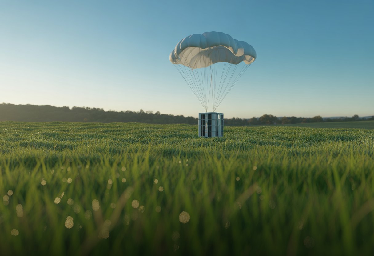 A green grass field with a parachute carrying an airdrop crate descending from the sky.