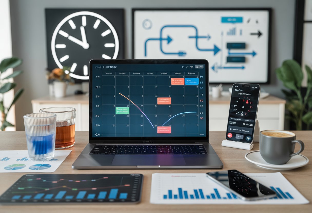 A modern workspace with a laptop showing a digital calendar, charts, a smartphone with a countdown timer, and a whiteboard with flowcharts, representing planning and scheduling.