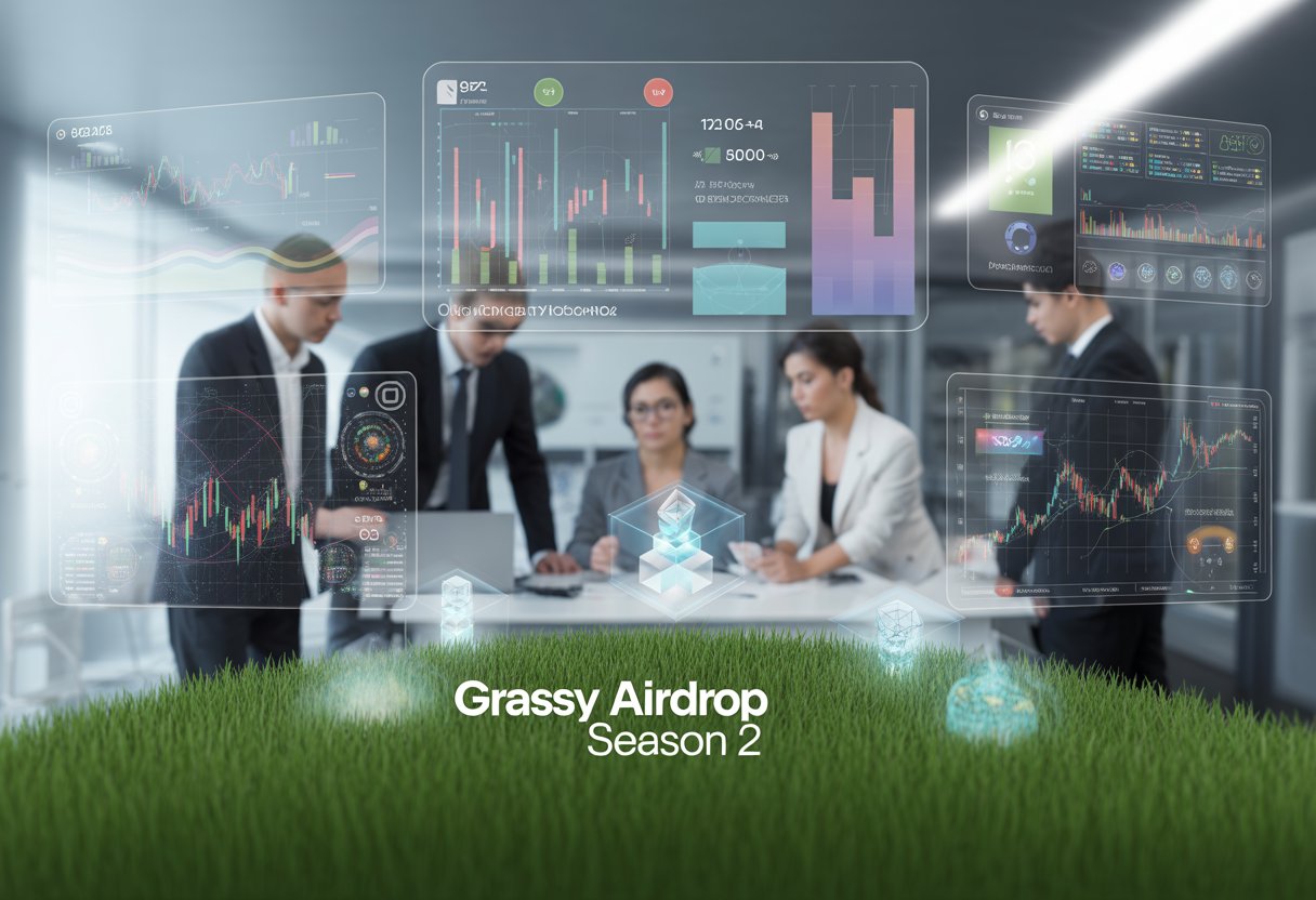 A group of professionals analyzing digital charts and blockchain diagrams over a green grassy surface with holographic blockchain symbols floating above.
