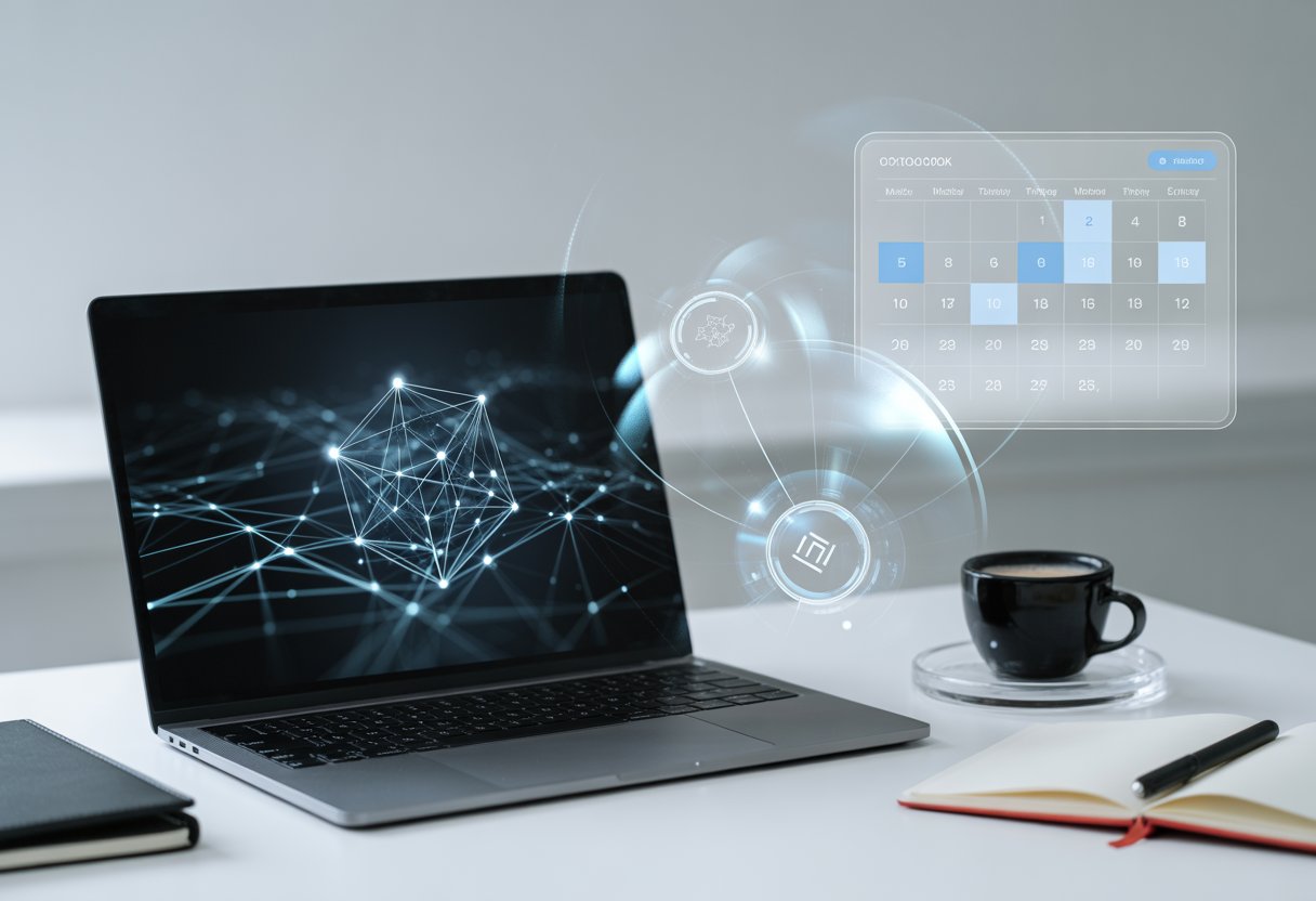 A modern workspace with a laptop showing blockchain graphics, a calendar, and digital icons on a clean desk.