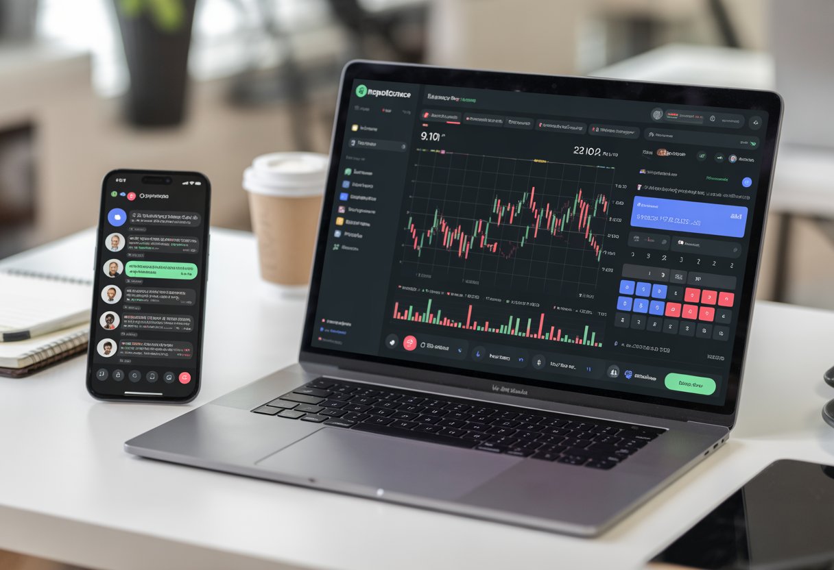 A modern workspace with a laptop showing cryptocurrency charts and a smartphone displaying a messaging app conversation about a new airdrop event.