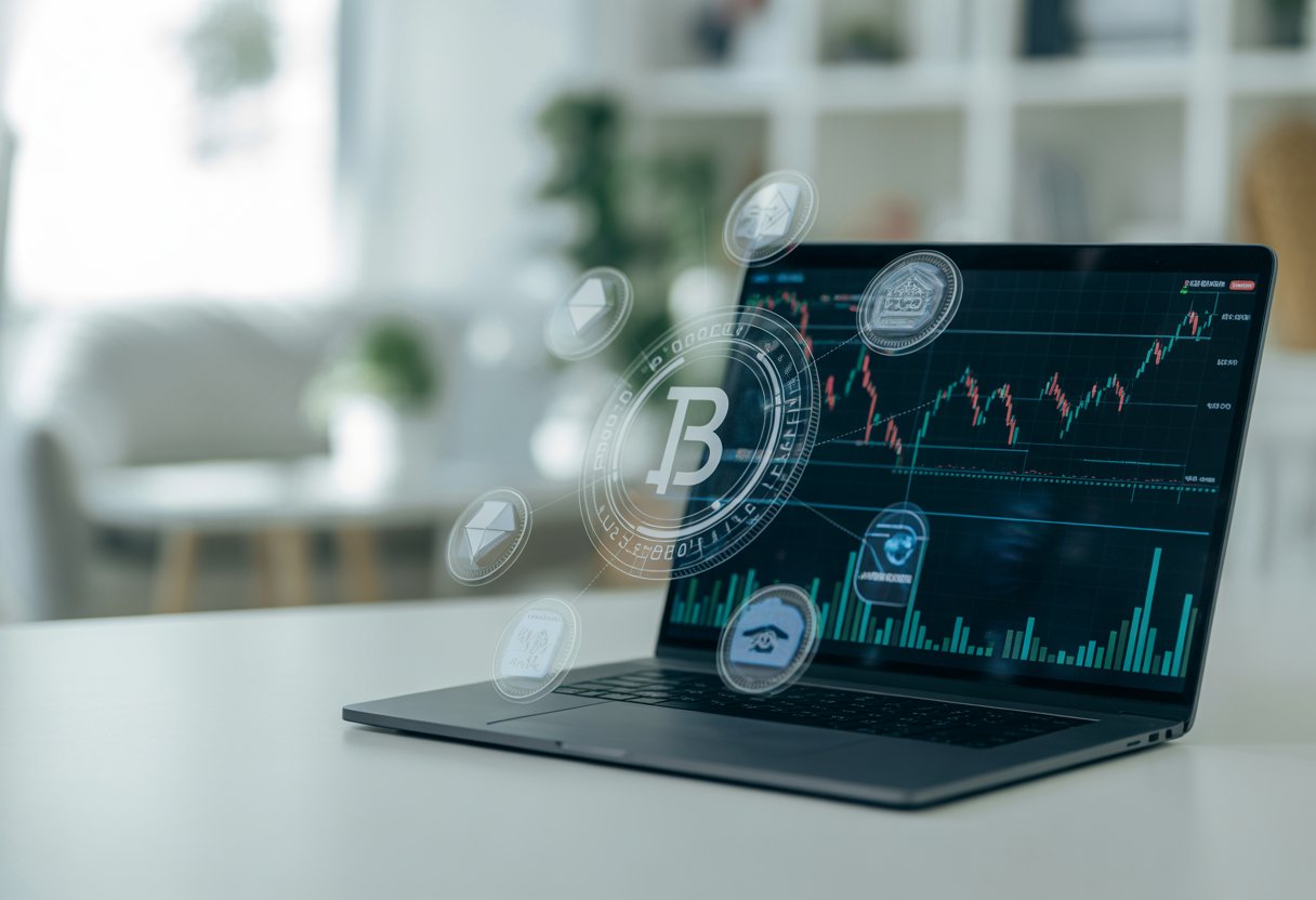 A laptop on a desk displaying digital charts with floating holographic cryptocurrency icons in a modern office setting.