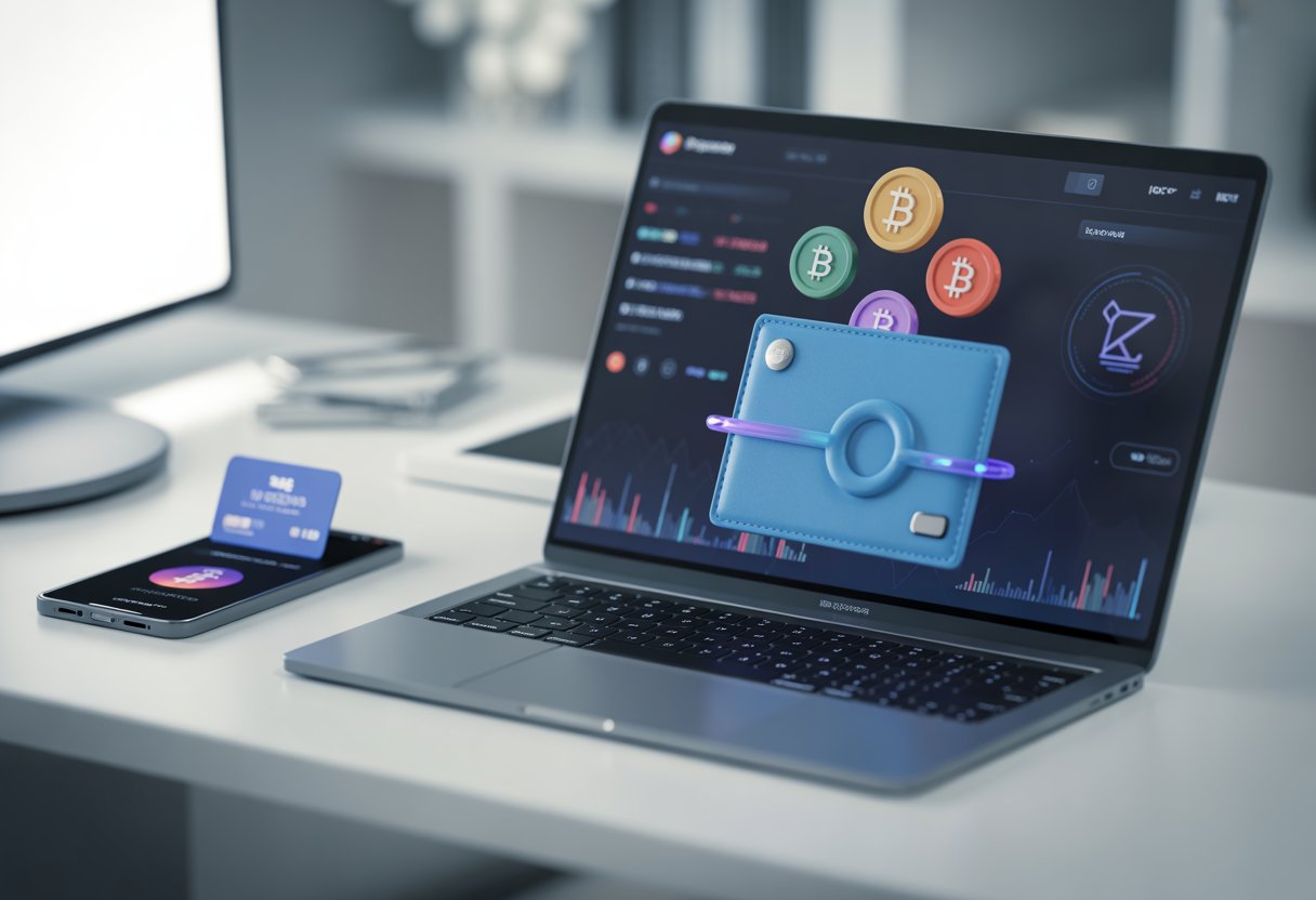 A modern workspace with a laptop showing a digital wallet and colorful tokens floating above the screen, and a smartphone displaying a notification, symbolizing claiming cryptocurrency tokens.