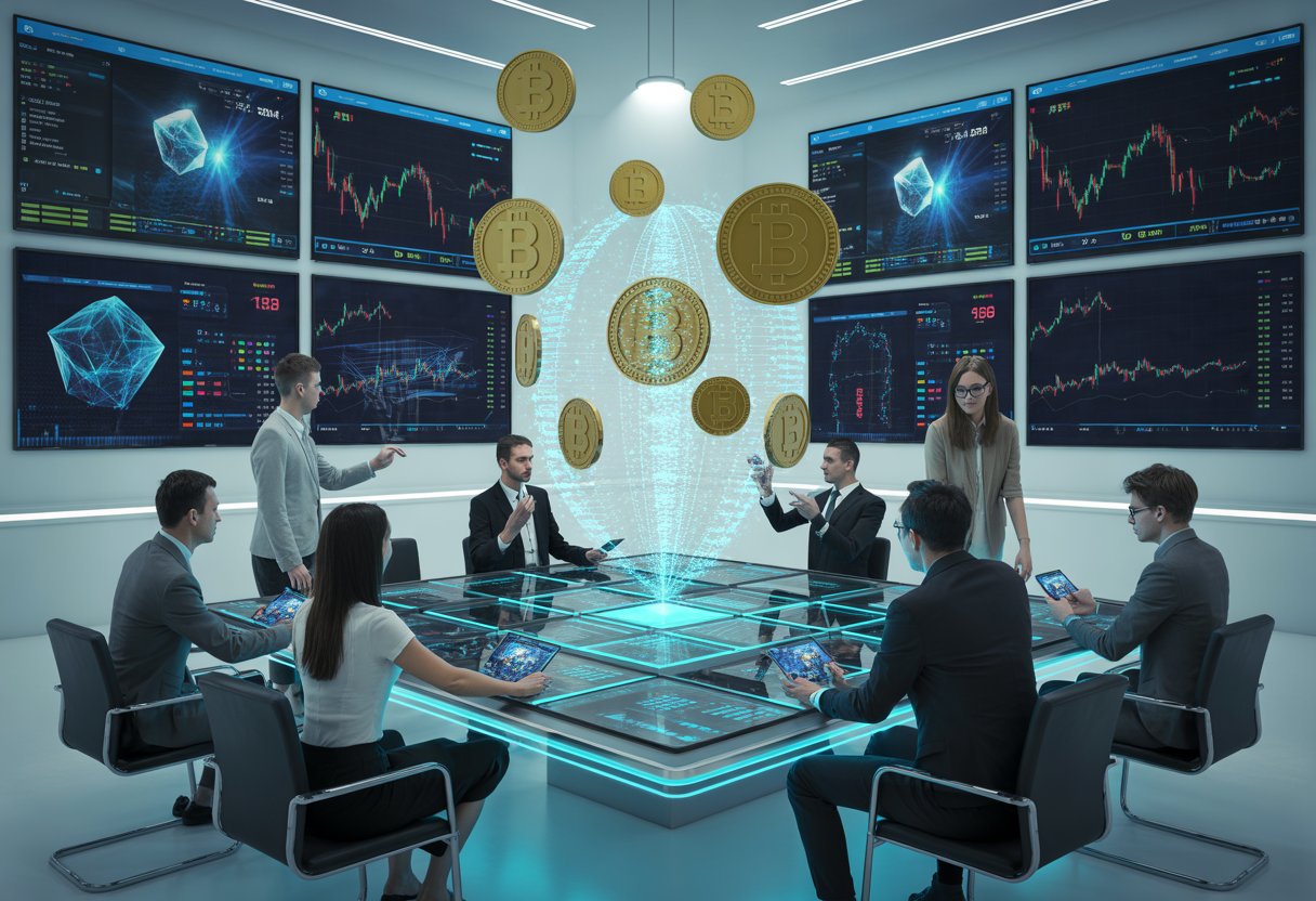 A group of professionals working together around a touchscreen table with digital cryptocurrency charts and tokens displayed on computer screens.