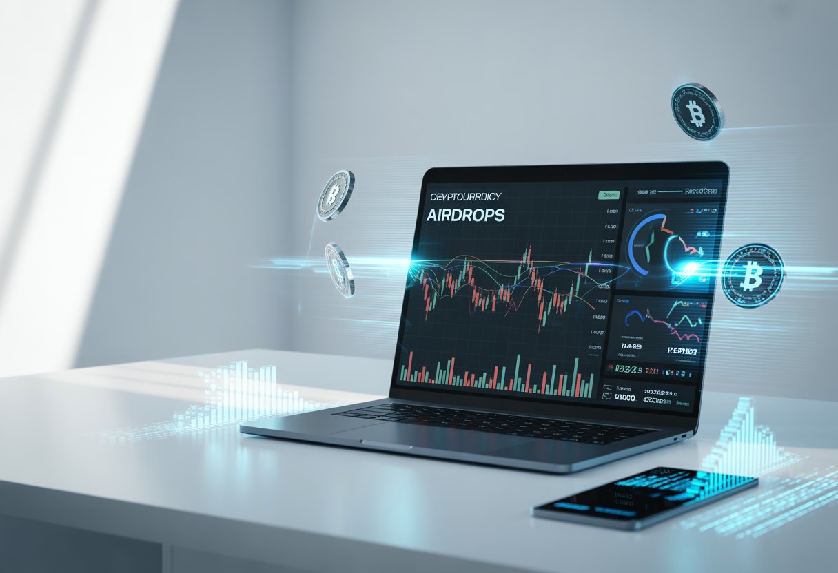 A laptop on a desk showing financial charts and digital cryptocurrency symbols floating around it.
