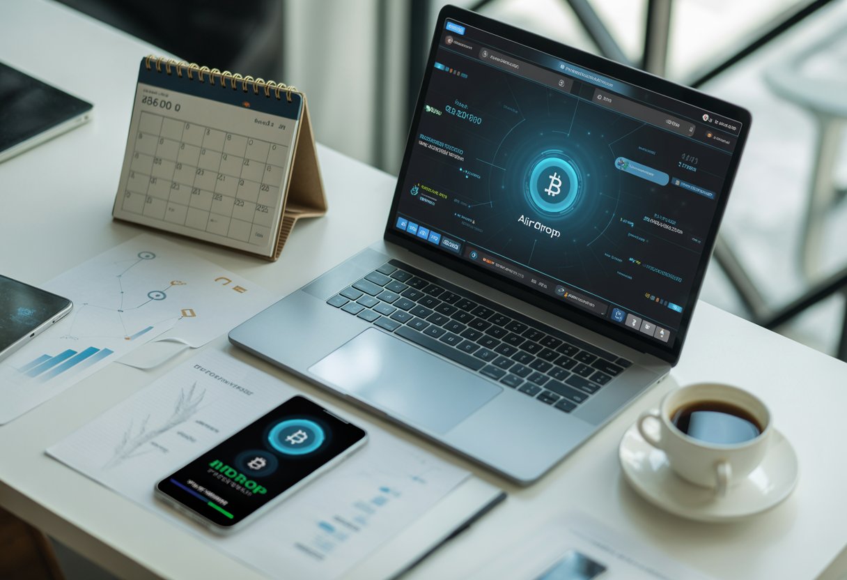 A workspace with a laptop, smartphone, calendar, and notes related to preparing for a cryptocurrency airdrop.