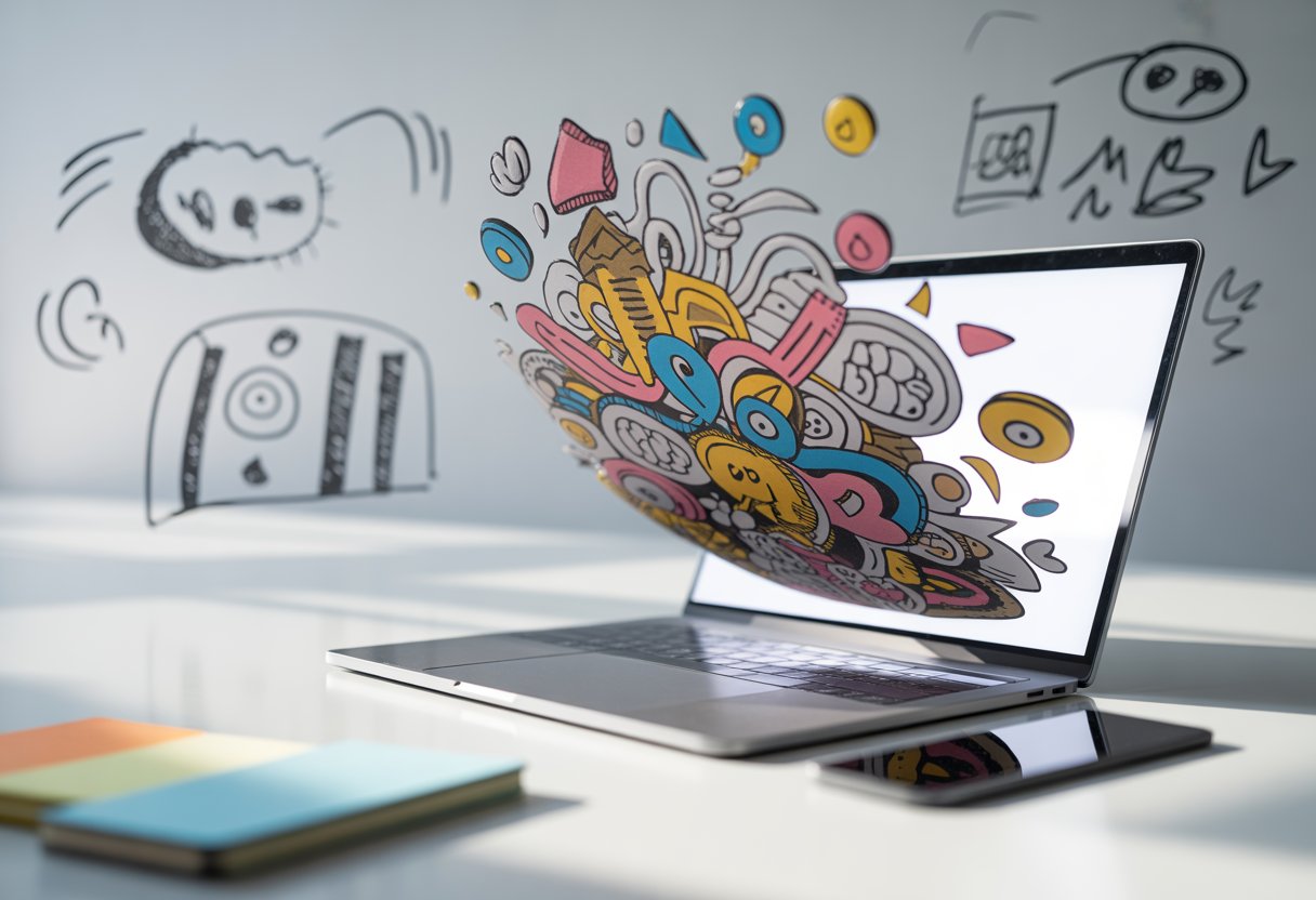 A laptop on a clean desk with colorful doodle illustrations floating above the keyboard in a modern workspace.
