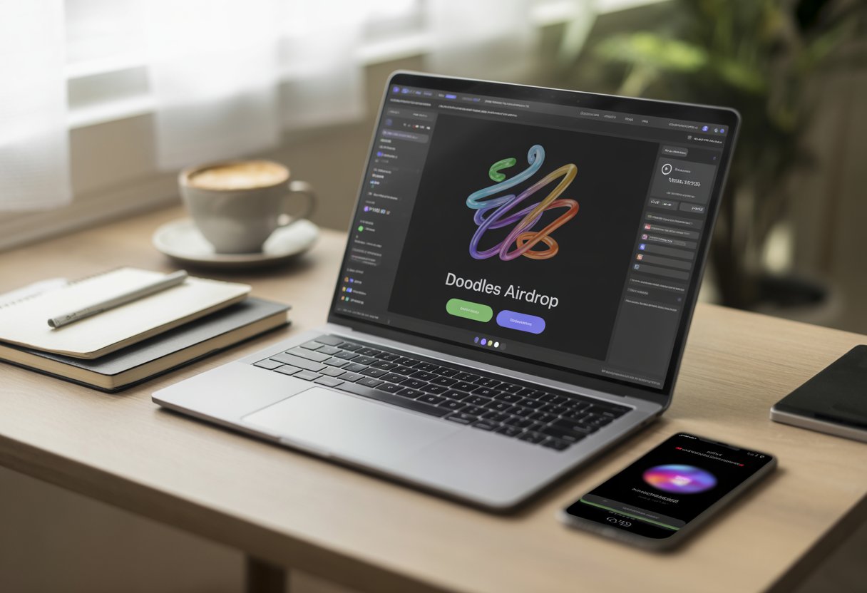 A workspace with a laptop showing colorful digital doodle art, a smartphone with a cryptocurrency app, notebooks, and a coffee cup on a desk near a window.