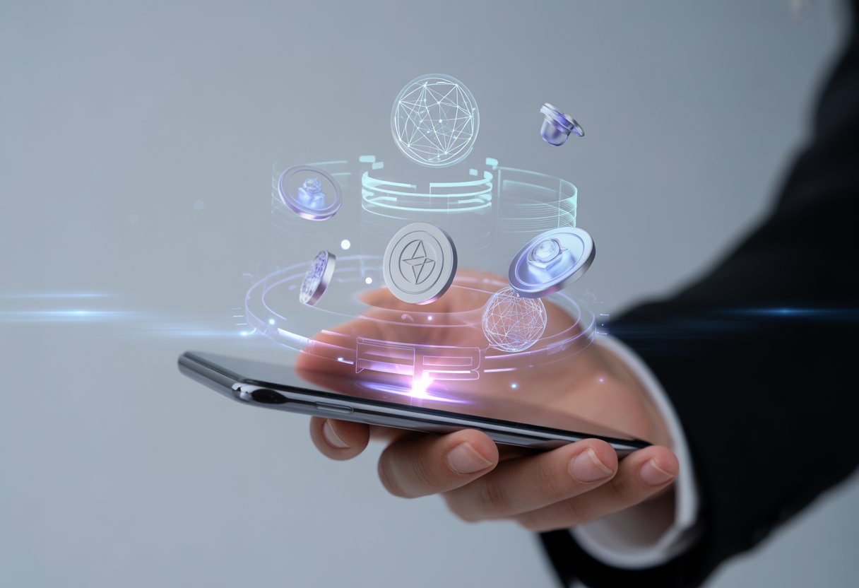 A hand holding a smartphone showing a glowing holographic digital wallet interface with floating blockchain and quantum symbols.