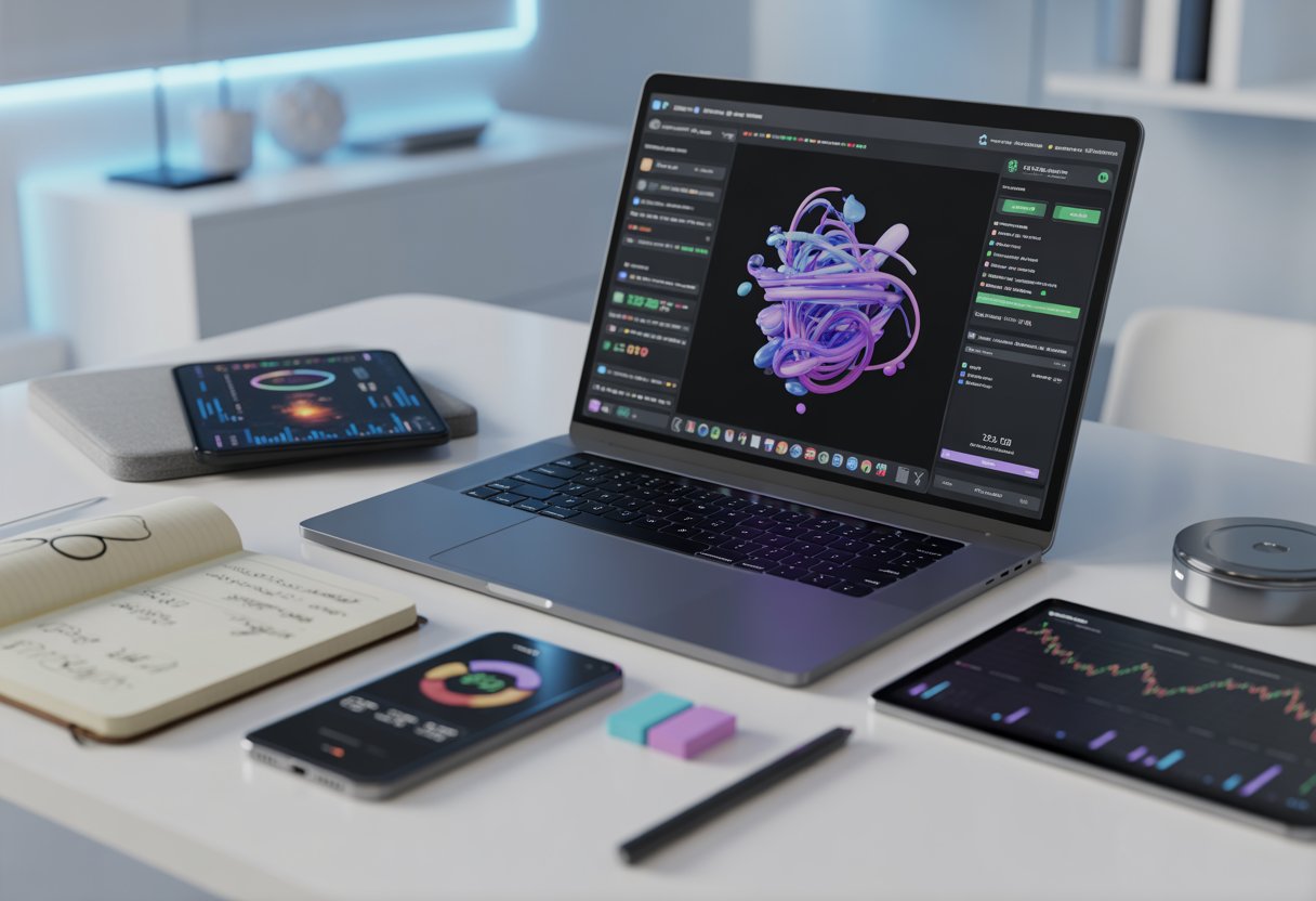 A modern workspace with a laptop showing colorful digital art, a smartphone with a crypto wallet app, and a tablet displaying charts, set in a bright office environment.