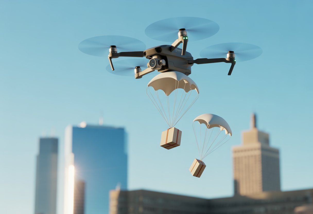 A drone releasing small packages with parachutes over a city skyline during the day.