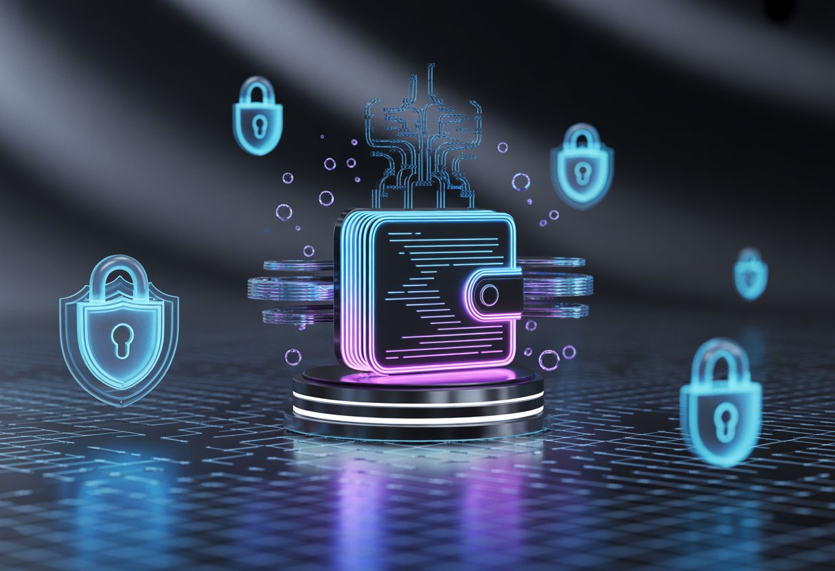 A glowing digital wallet icon surrounded by quantum computing elements and security symbols on a dark background.