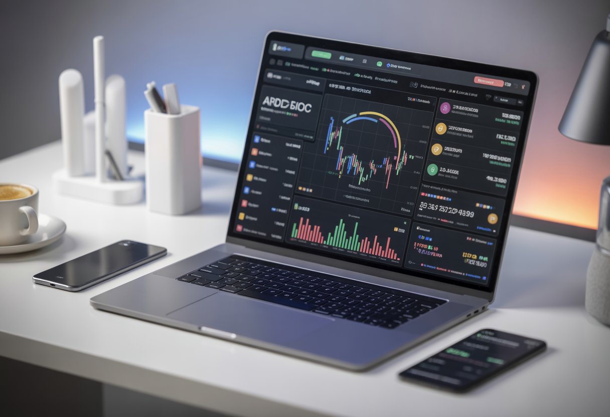 A modern workspace with a laptop showing cryptocurrency charts and a smartphone displaying transaction notifications on a clean desk.