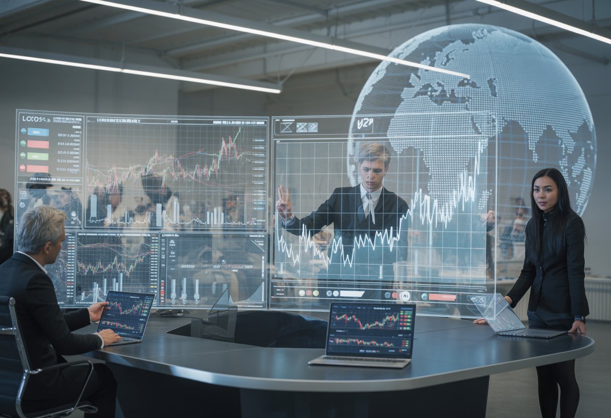 A modern office with professionals analyzing digital charts and graphs related to cryptocurrency price trends.
