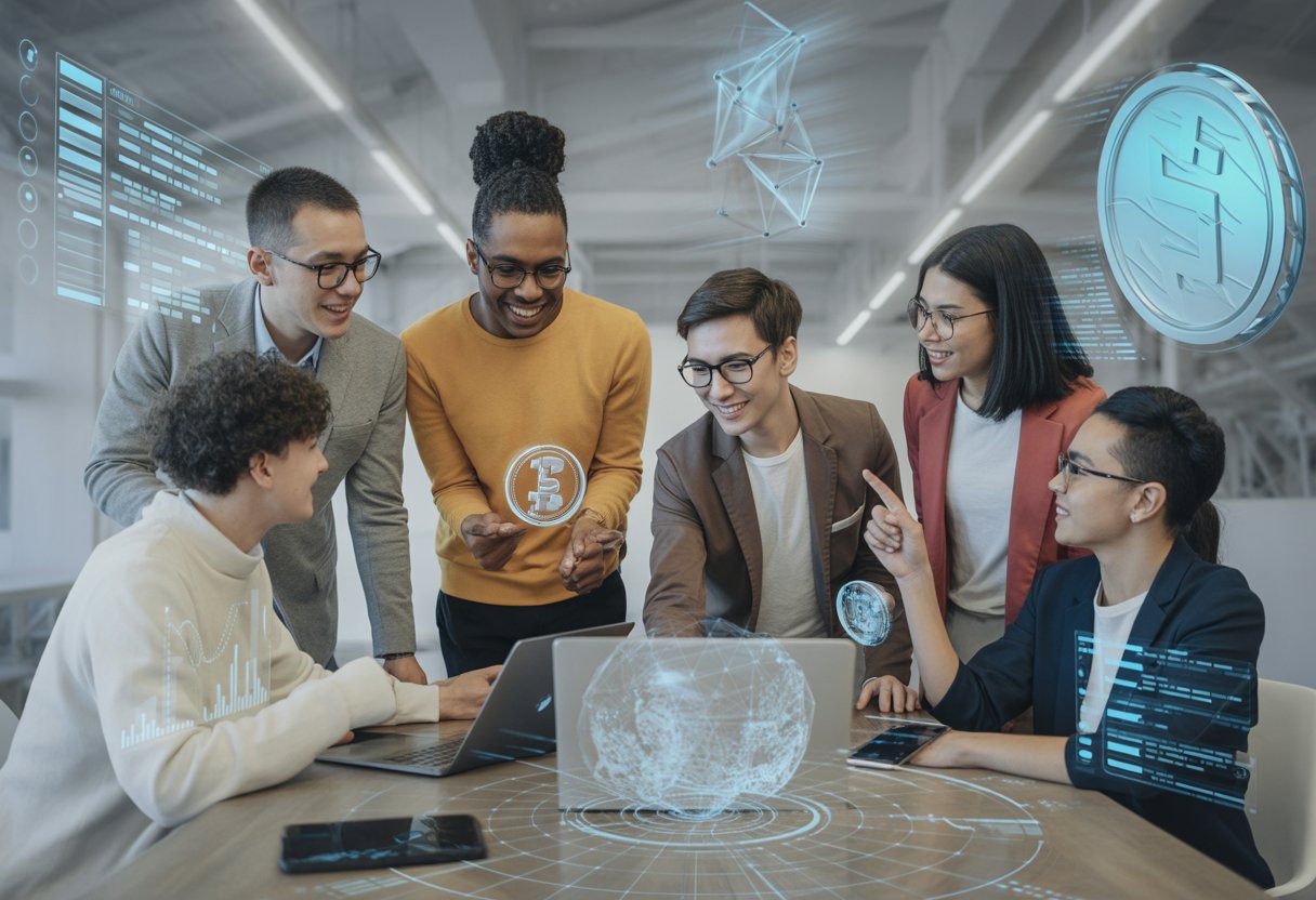 A group of people working together around digital devices displaying abstract cryptocurrency and blockchain graphics.