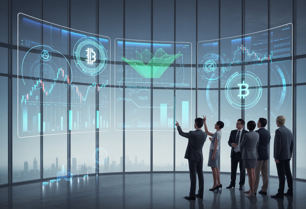 A group of professionals discussing cryptocurrency data displayed on transparent digital screens in a modern office with a city skyline in the background.