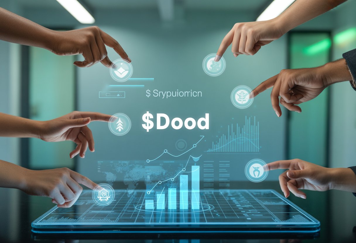 Hands interacting with holographic charts and token icons over a futuristic touchscreen in a modern office setting.