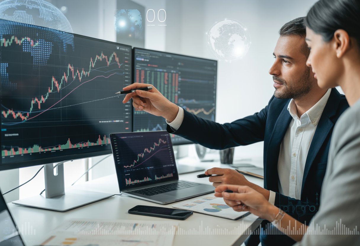 A business professional analyzing cryptocurrency price charts on multiple computer screens in a modern office.
