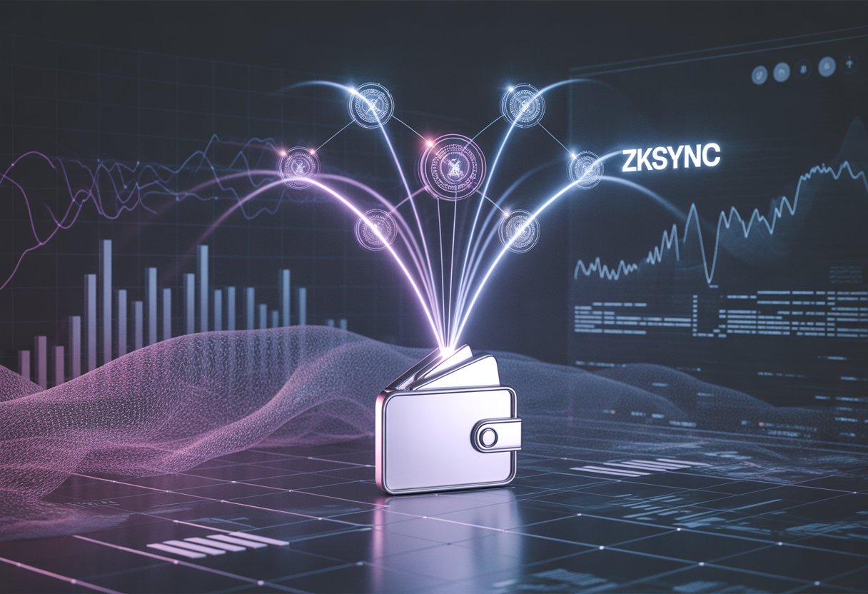 A digital network with glowing connected nodes and a bright digital wallet icon representing the distribution of cryptocurrency tokens.