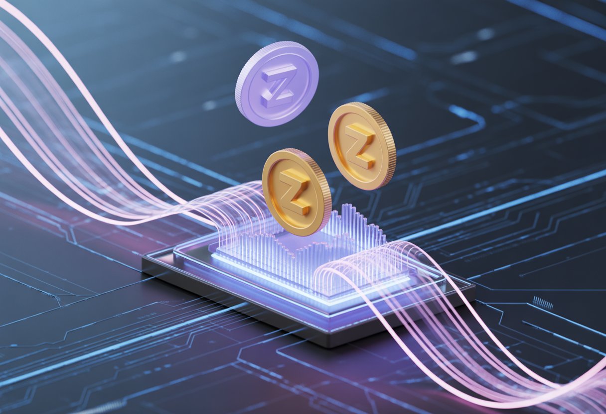 A digital interface showing glowing cryptocurrency tokens being transferred across a network with light trails and a futuristic tech background.