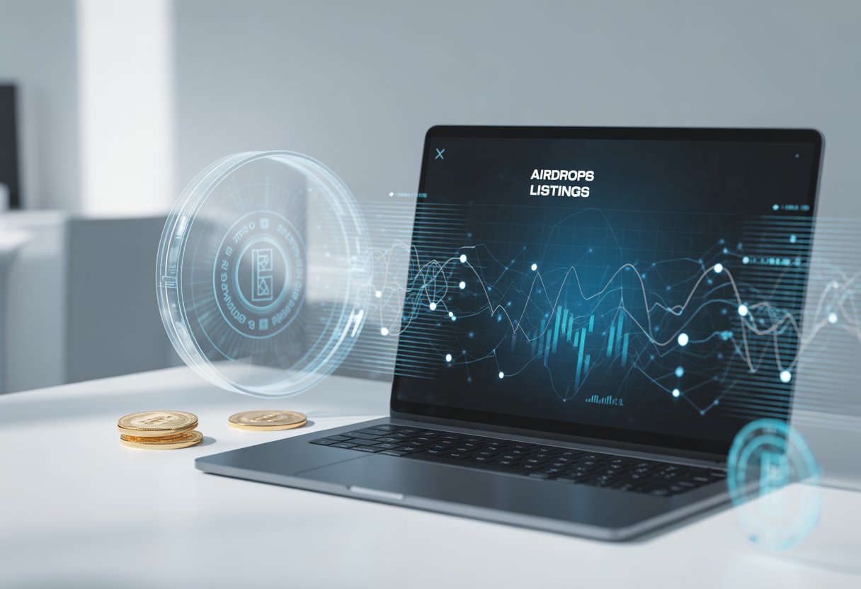 A laptop on a desk showing digital blockchain graphics with floating cryptocurrency tokens in a modern office setting.