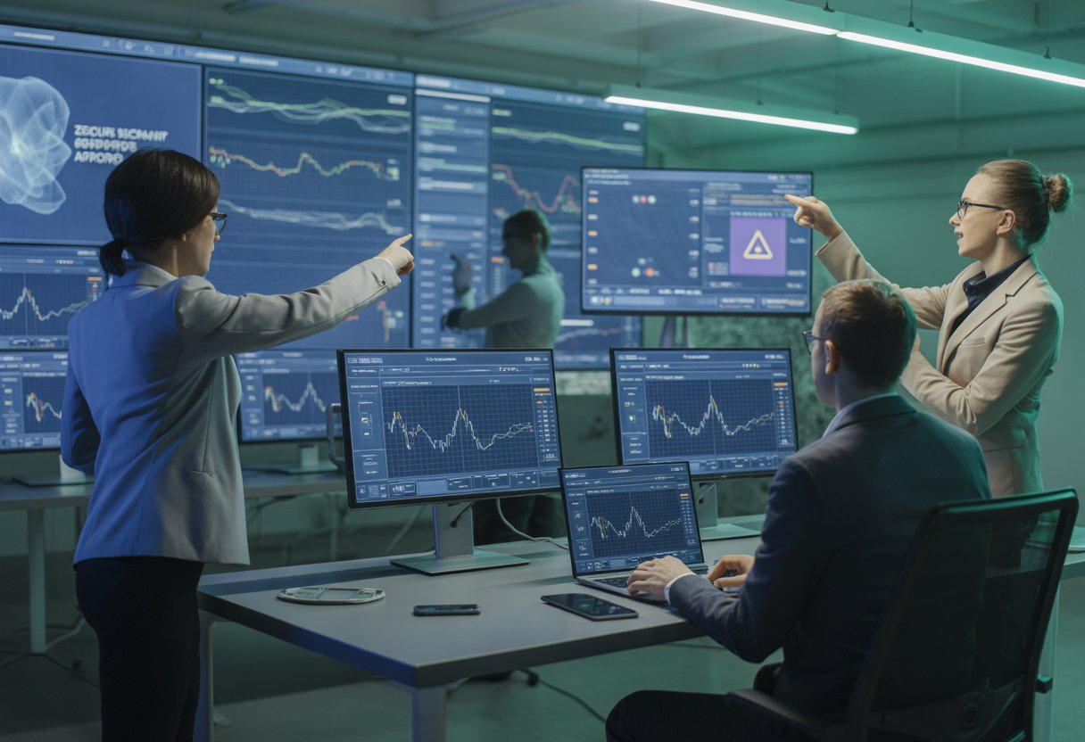 A team of cybersecurity experts monitoring digital screens with blockchain data and security alerts in a high-tech control room.