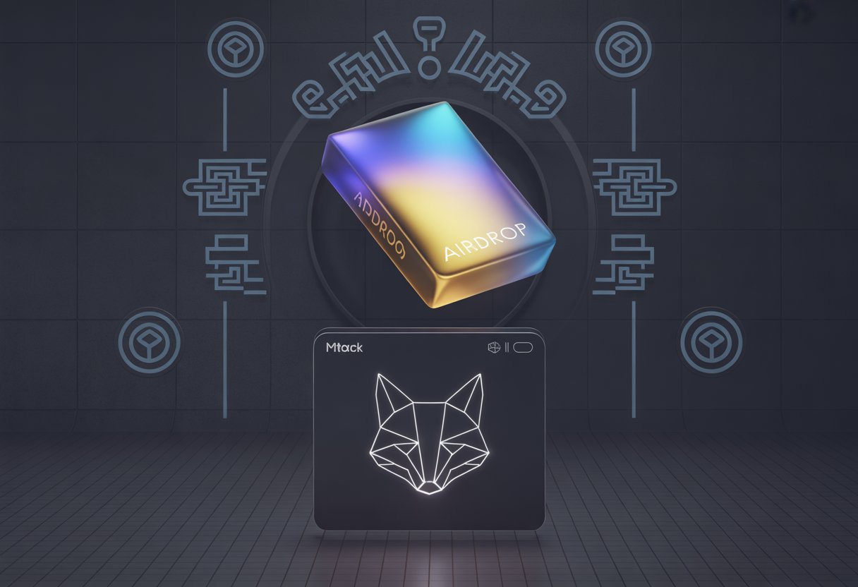 A glowing digital airdrop package surrounded by Aztec patterns and a stylized fox head symbolizing a cryptocurrency wallet.