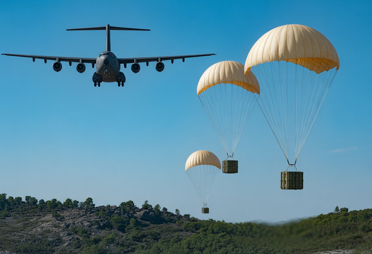 A military cargo plane releasing parachutes with supply crates over a forested and rocky landscape.