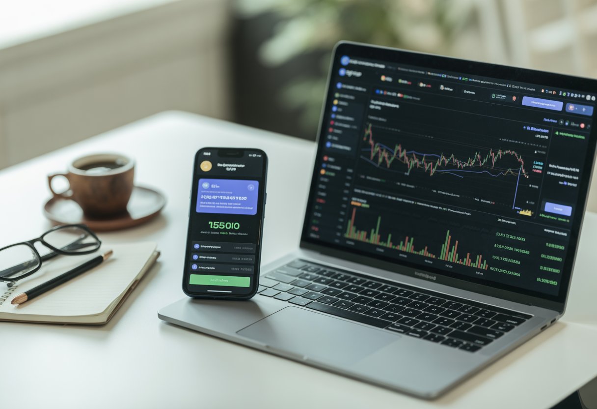 A workspace with a laptop and smartphone displaying cryptocurrency charts and notifications on a desk with coffee and office supplies.