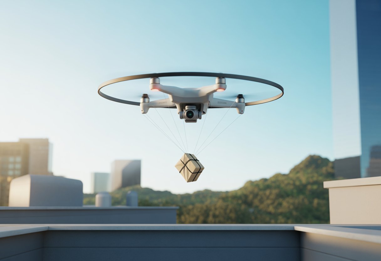 A drone hovering over a city rooftop releasing a small package descending by parachute under a clear blue sky.
