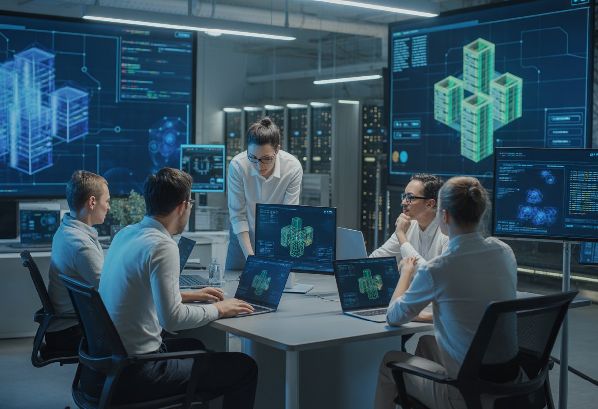 A team of professionals working together in a modern office with multiple screens displaying blockchain network diagrams and digital data.
