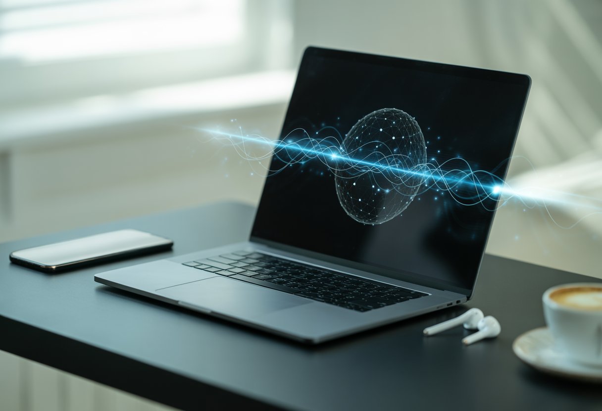 A laptop on a desk displaying abstract digital graphics related to blockchain technology, surrounded by a smartphone, earbuds, and a coffee cup in a modern workspace.