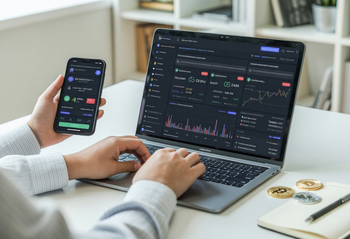 A person typing on a laptop at a desk with cryptocurrency coins, a smartphone, and charts on the screen in a bright office setting.