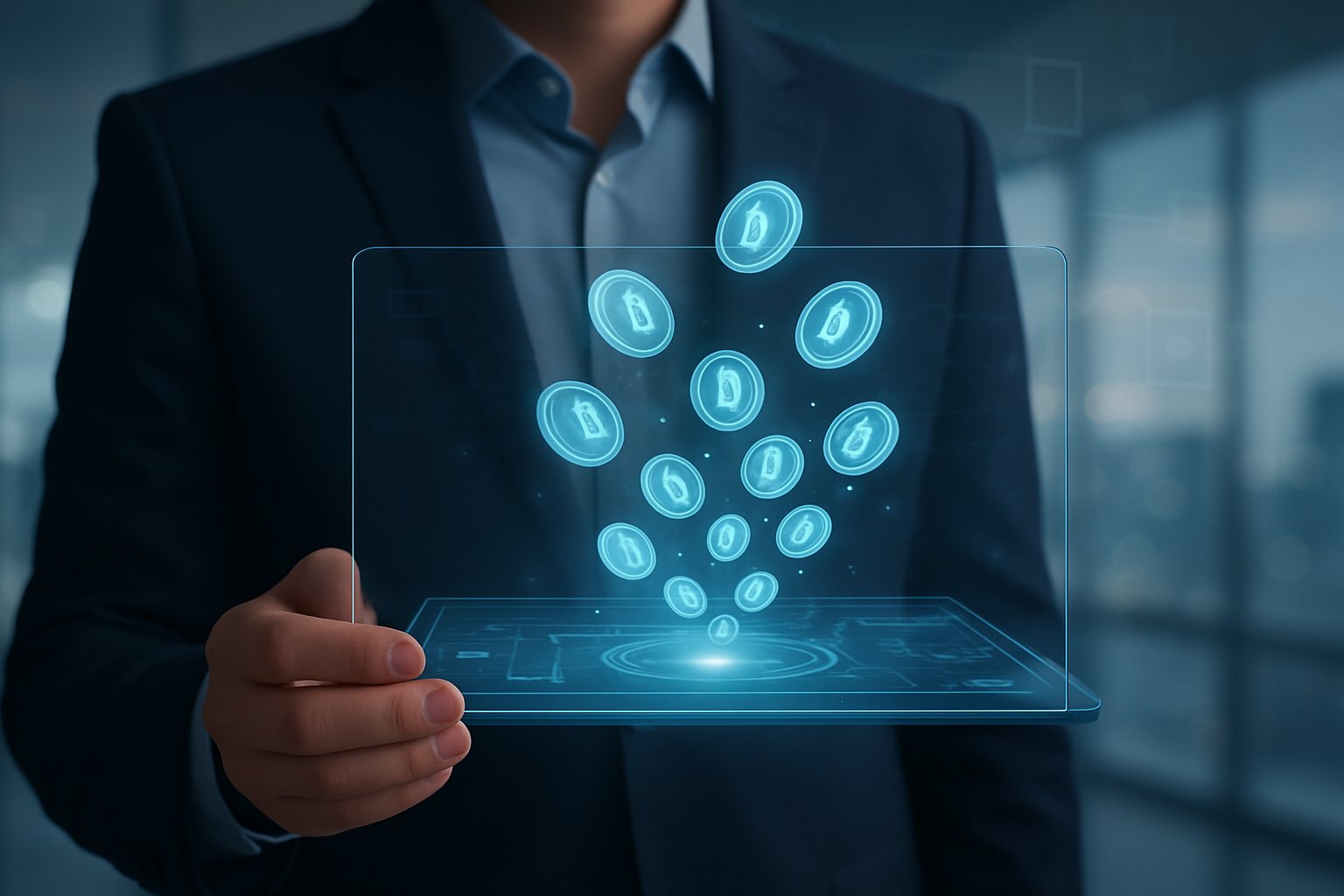A person holding a transparent digital screen showing floating digital tokens dispersing in a modern office setting.