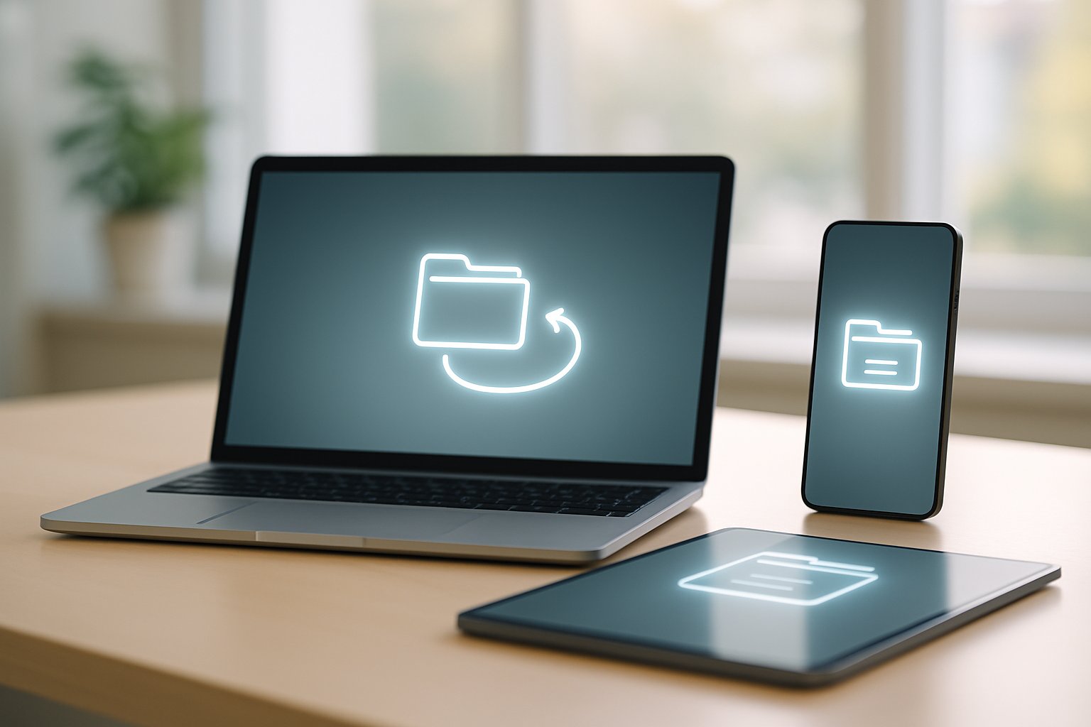 A laptop, smartphone, and tablet connected wirelessly on a desk, showing active file sharing between devices.