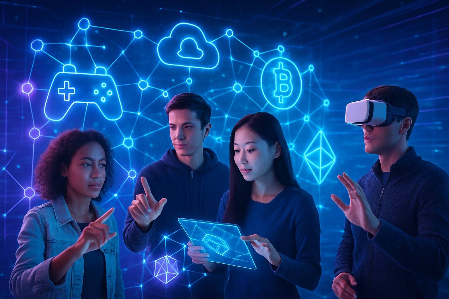A group of young professionals interacting with futuristic holographic interfaces and virtual reality devices in a digital environment symbolizing Web3 gaming and blockchain technology.