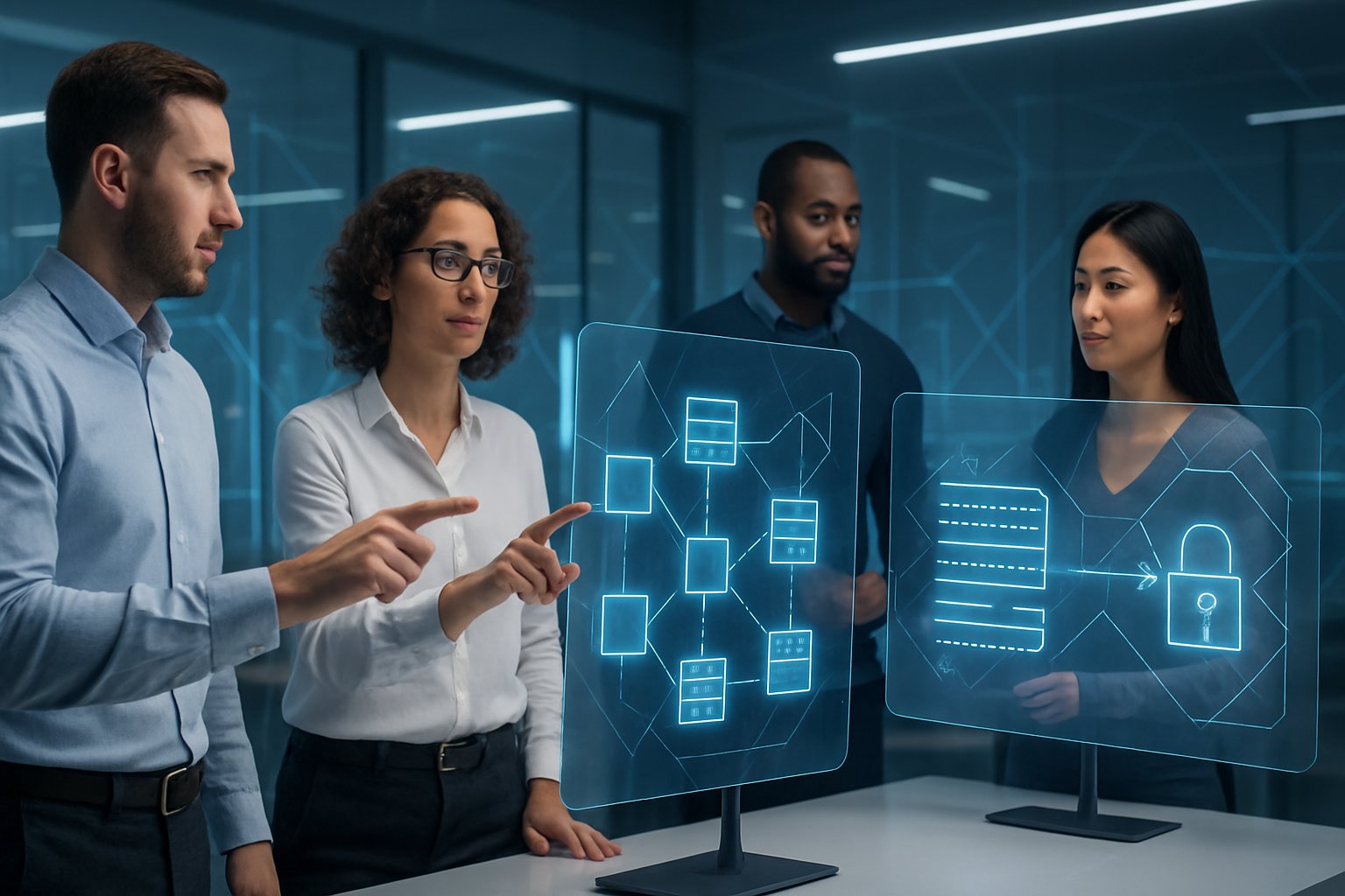 A group of professionals interacting with holographic blockchain nodes and secure digital data displays in a modern workspace.