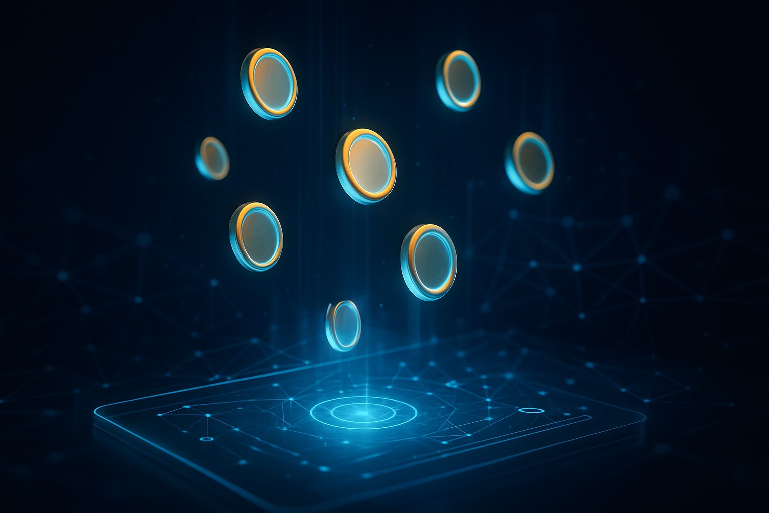 Floating digital tokens descending against a dark background with glowing network connections.