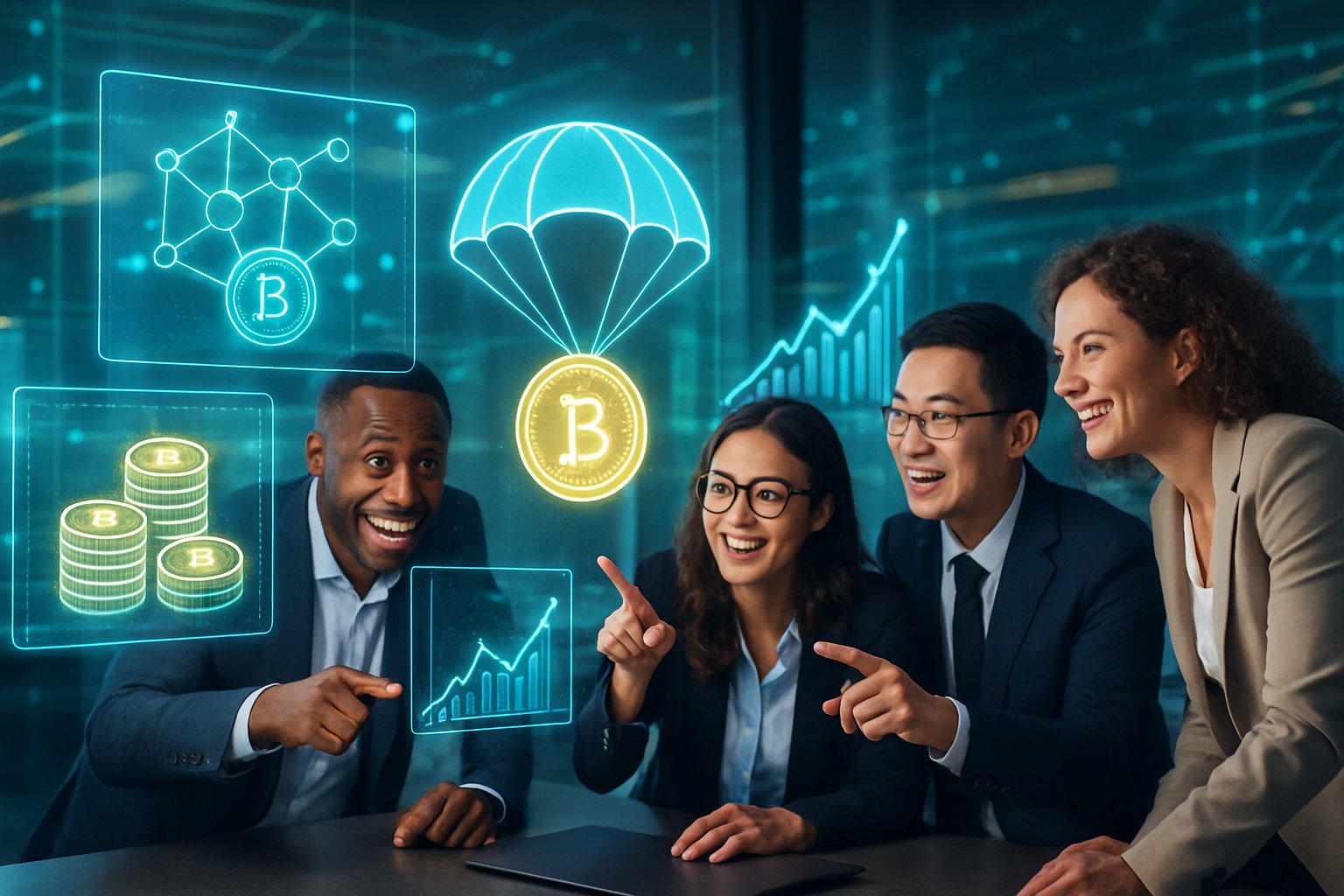 A group of diverse professionals discussing digital cryptocurrency data with holographic screens showing blockchain networks and graphs in a modern workspace.