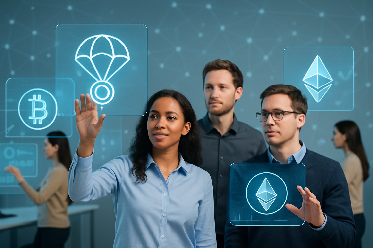 A group of young professionals interacting with floating holographic cryptocurrency symbols and graphs in a modern digital workspace.