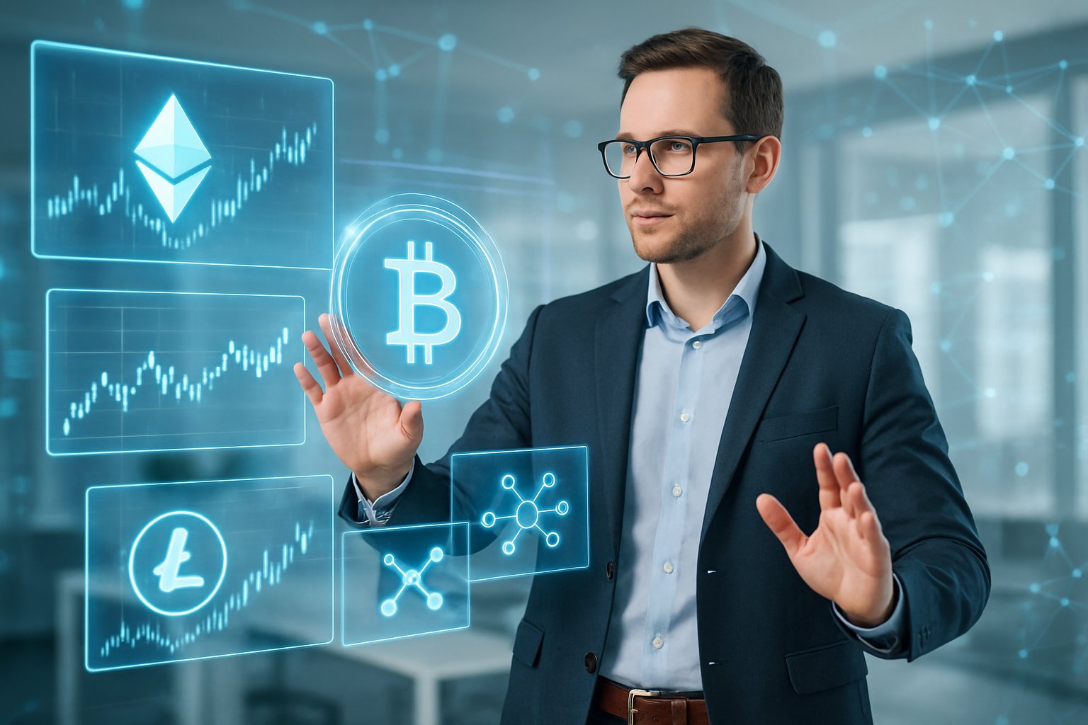 A business professional interacting with floating holographic cryptocurrency symbols and charts in a modern digital workspace.