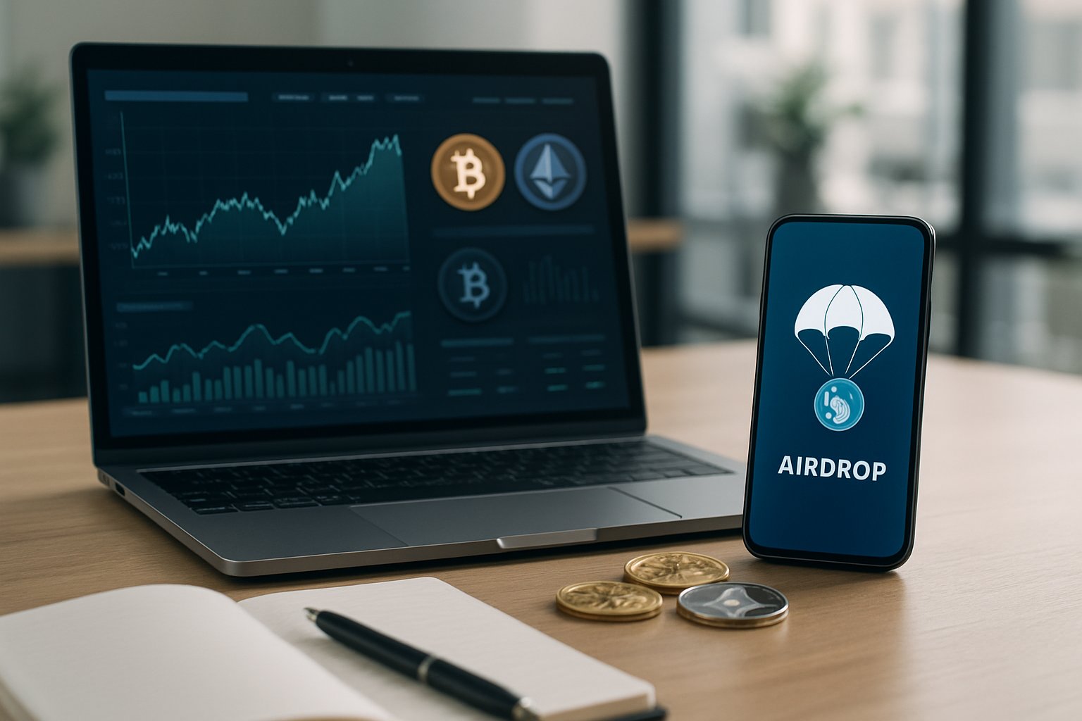A modern workspace with a laptop showing cryptocurrency charts, a smartphone with a notification, and physical crypto coins on a desk.
