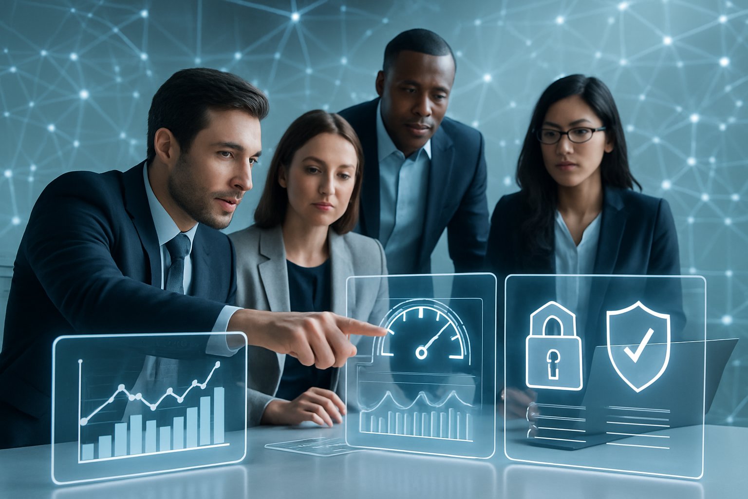 A group of professionals collaborating around transparent digital screens showing data charts and security icons in a modern workspace.
