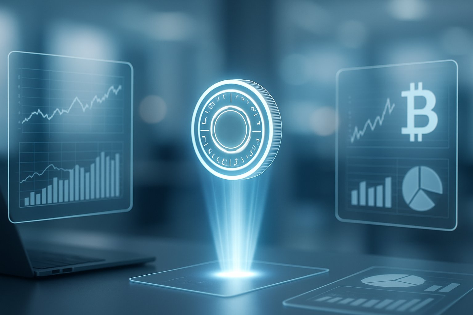 A futuristic workspace with floating digital screens showing graphs and a glowing digital token in the center.