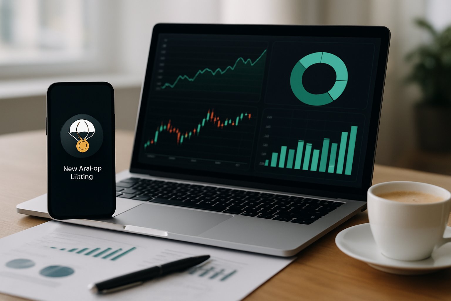 A modern workspace with a laptop showing cryptocurrency charts and a smartphone displaying a notification, surrounded by financial documents and a cup of coffee.