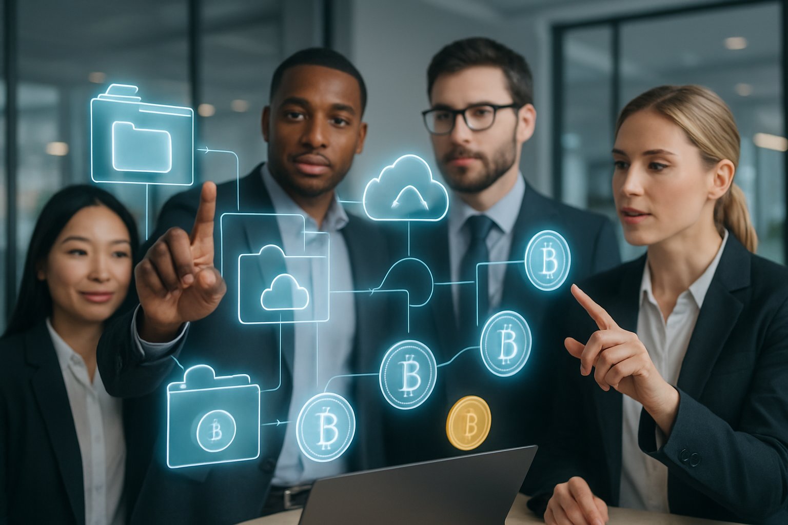 A group of professionals interacting with floating digital screens showing file sharing and cryptocurrency icons in a modern office setting.