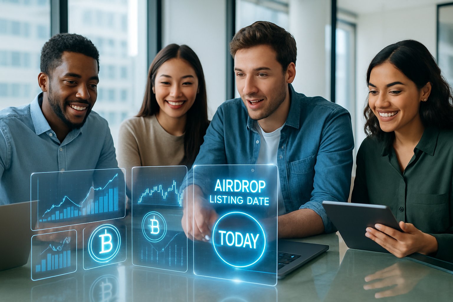 A group of young professionals collaborating around a table with digital screens showing cryptocurrency data in a bright modern office.